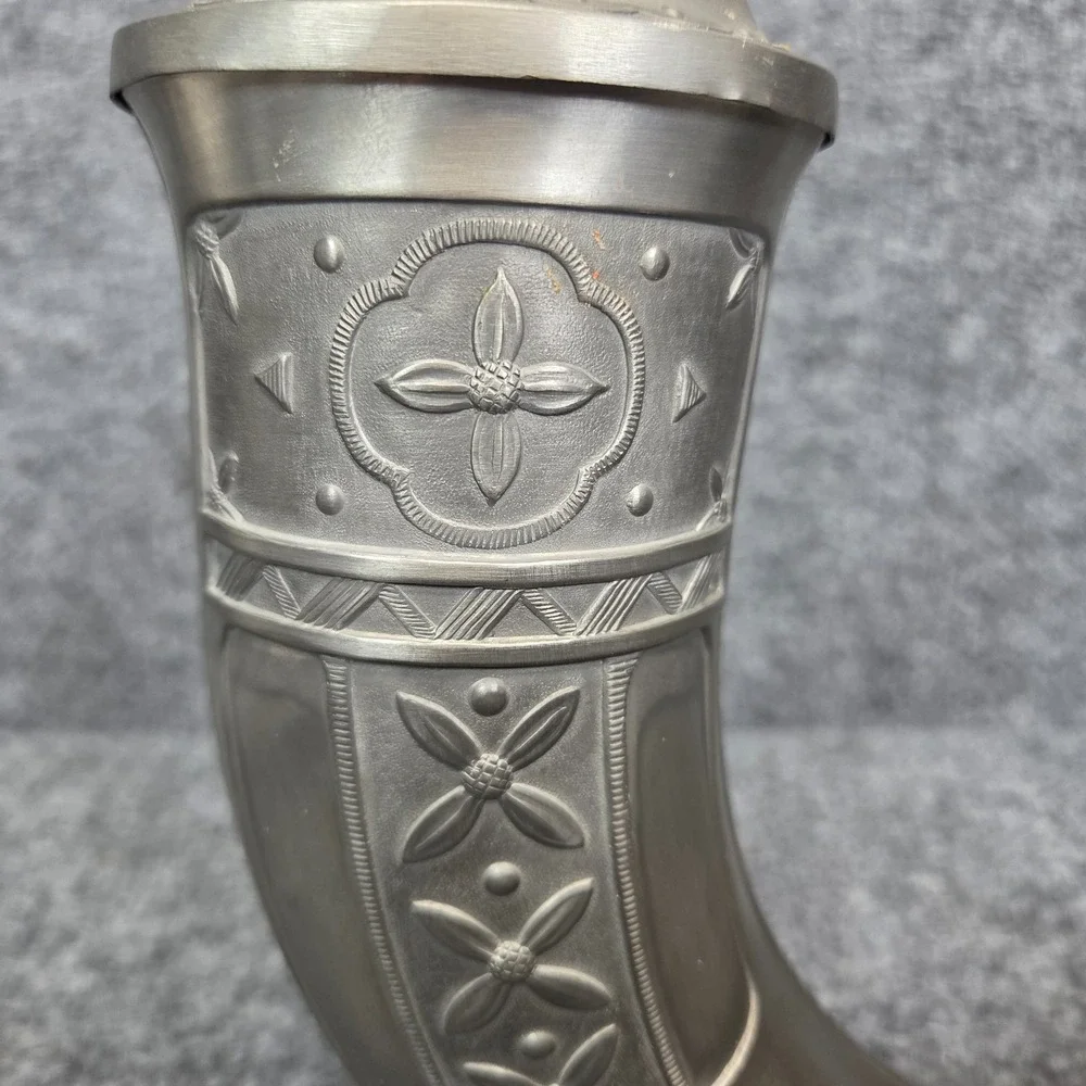 Vintage Aksel Holmsen Pewter Viking Drinking Horn with Lid Made in Norway 1930's